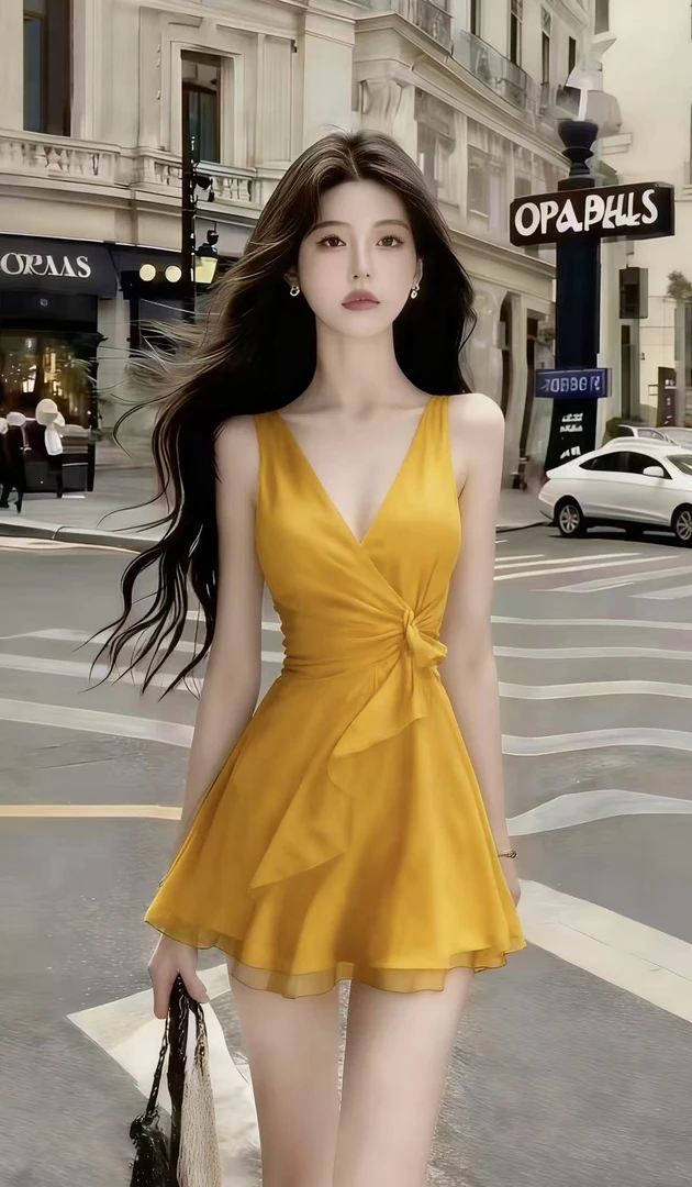 时尚氛围感显瘦A字裙露肩纯欲甜辣风短裙金色V领无袖收腰连衣裙