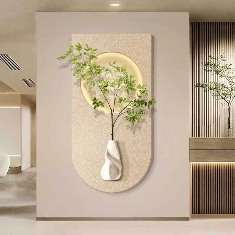 轻奢奶油风立体砂岩绿植仿真画入户玄关装饰画led走廊过道挂壁画