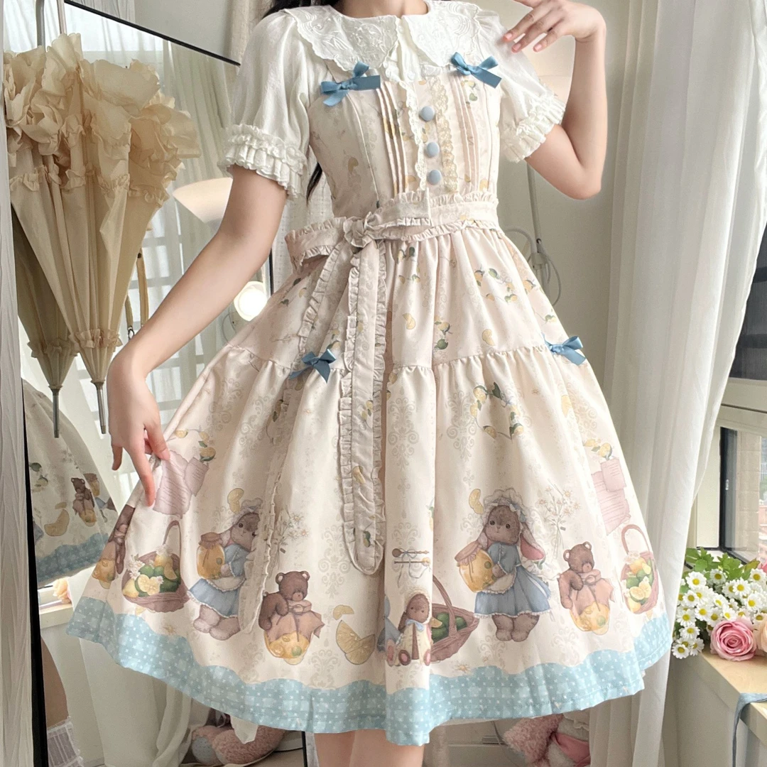仲夏兔熊·奶油玩偶Lolita新款cla优雅复古jskOP长裙夏季日常印花