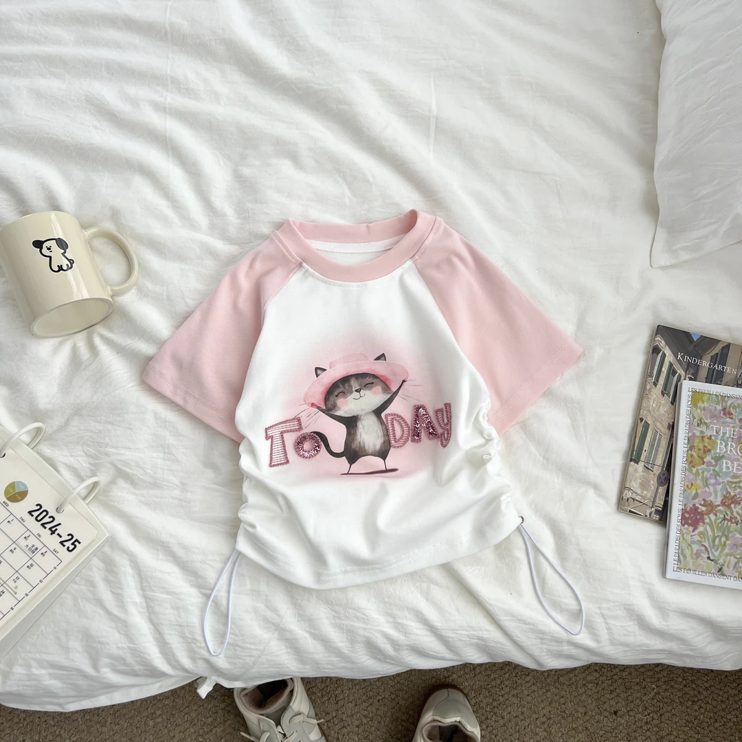 小菲特夏季新款女童薄款收腰短袖t恤洋气女孩插肩袖上衣QQYX51405