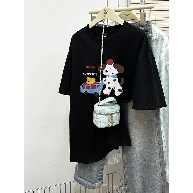 韩系ins可爱小狗趣味印花纯棉黑色短袖t恤女春夏季新款宽松百搭上