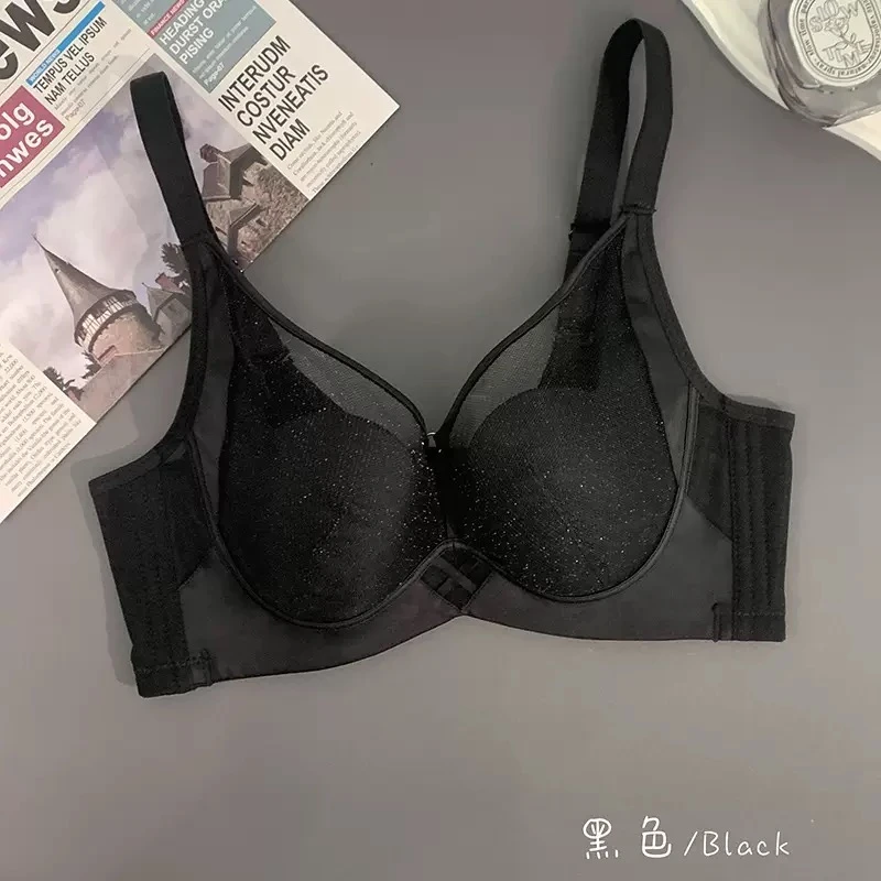 网纱透气性感花瓣杯法式无痕收副乳防下垂大胸显小文胸