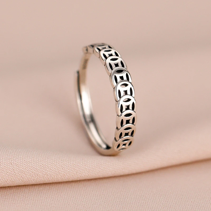 复古银戒指招财聚财钱币个性设计简约小众开口转运指环潮