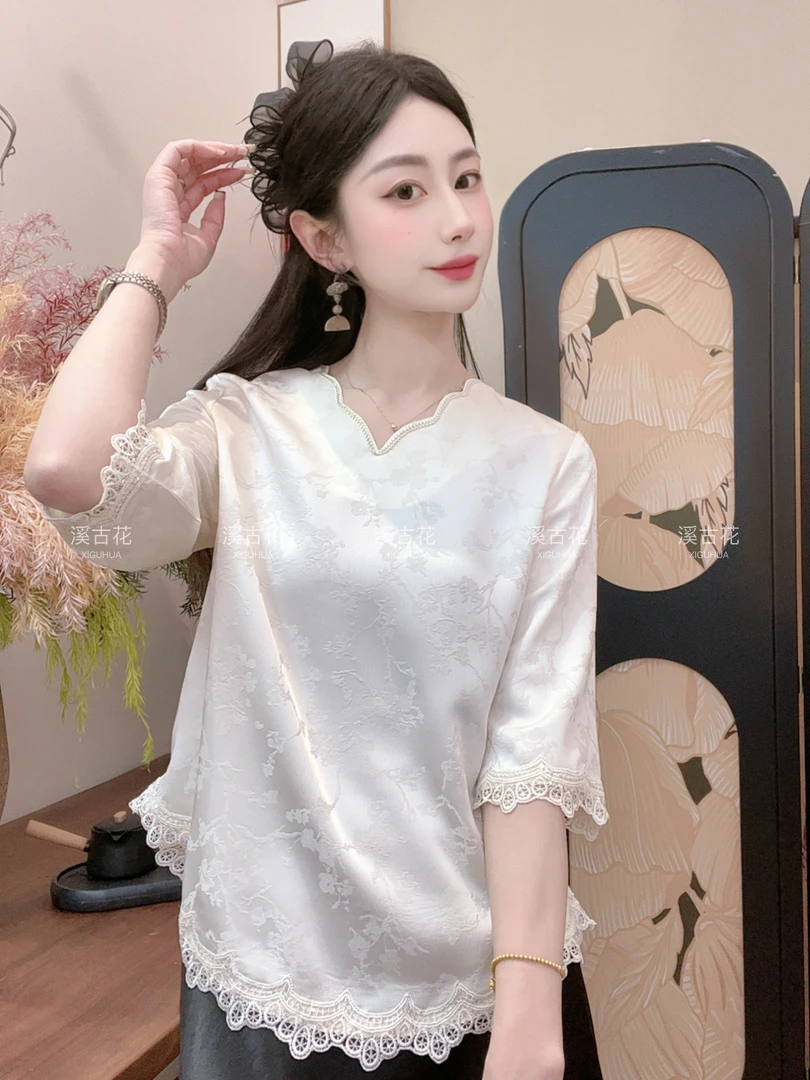 【棠梨】夏季V领时尚气质拼接短袖百搭显瘦新中式短袖女日常