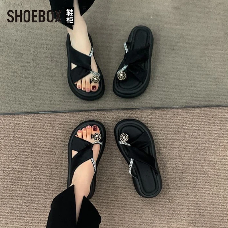 SHOEBOX鞋柜山茶花厚底拖鞋女夏外穿2025新款法式配裙子凉拖