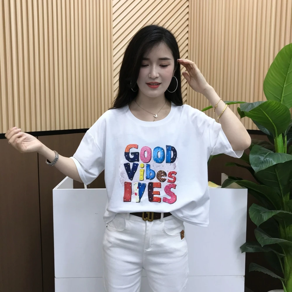 韩版2025夏季新款字母印花圆领短袖T恤女宽松减龄后背镂空上衣潮