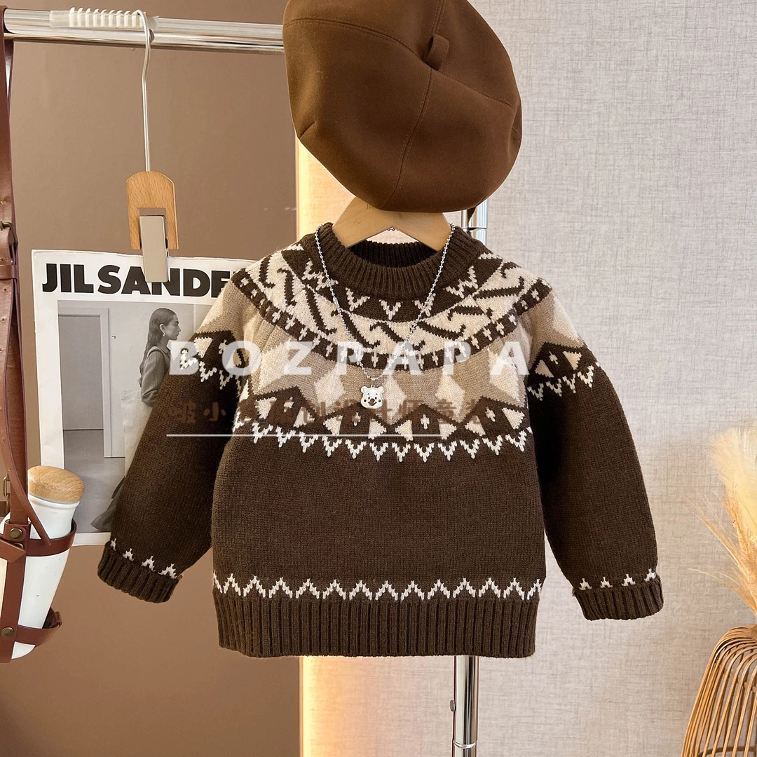 啵小爸【山谷晨曦】2025冬季新款男童复古花纹圆领设计毛衣