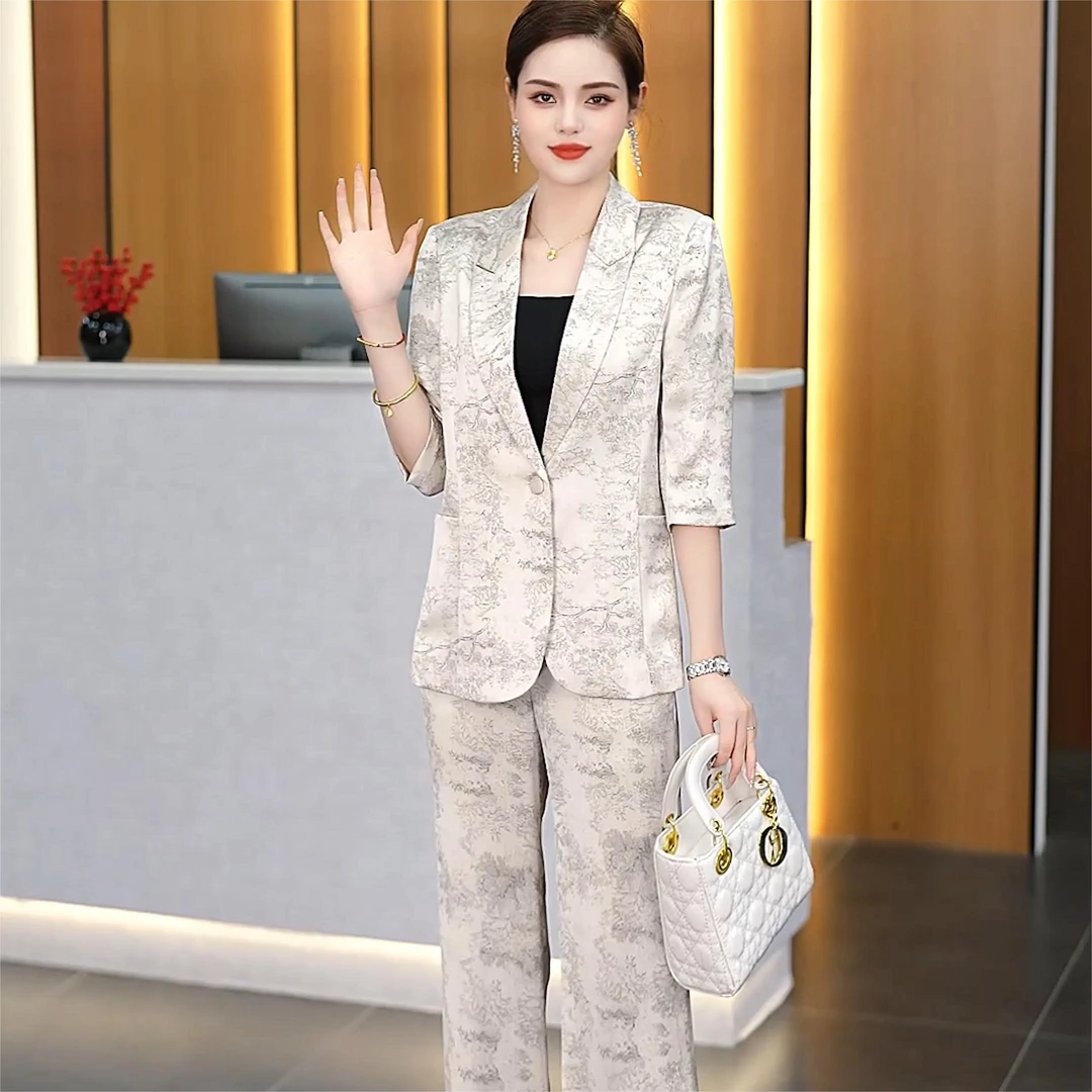 小西装中袖洋气七分袖西服套装职业女裤套装女装夏季修身薄款