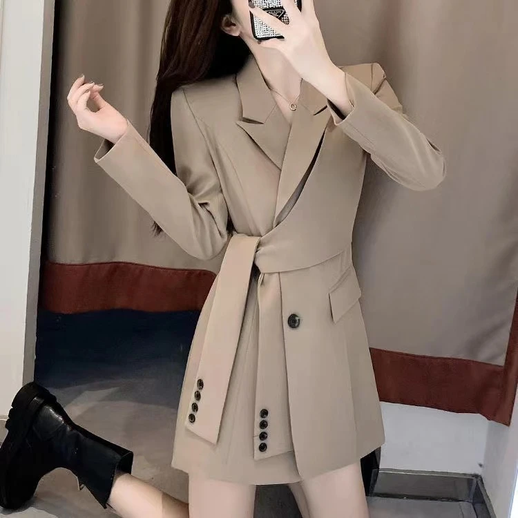 春秋季小个子长袖连衣裙女设计感双排扣系带收腰显瘦女神范西装裙