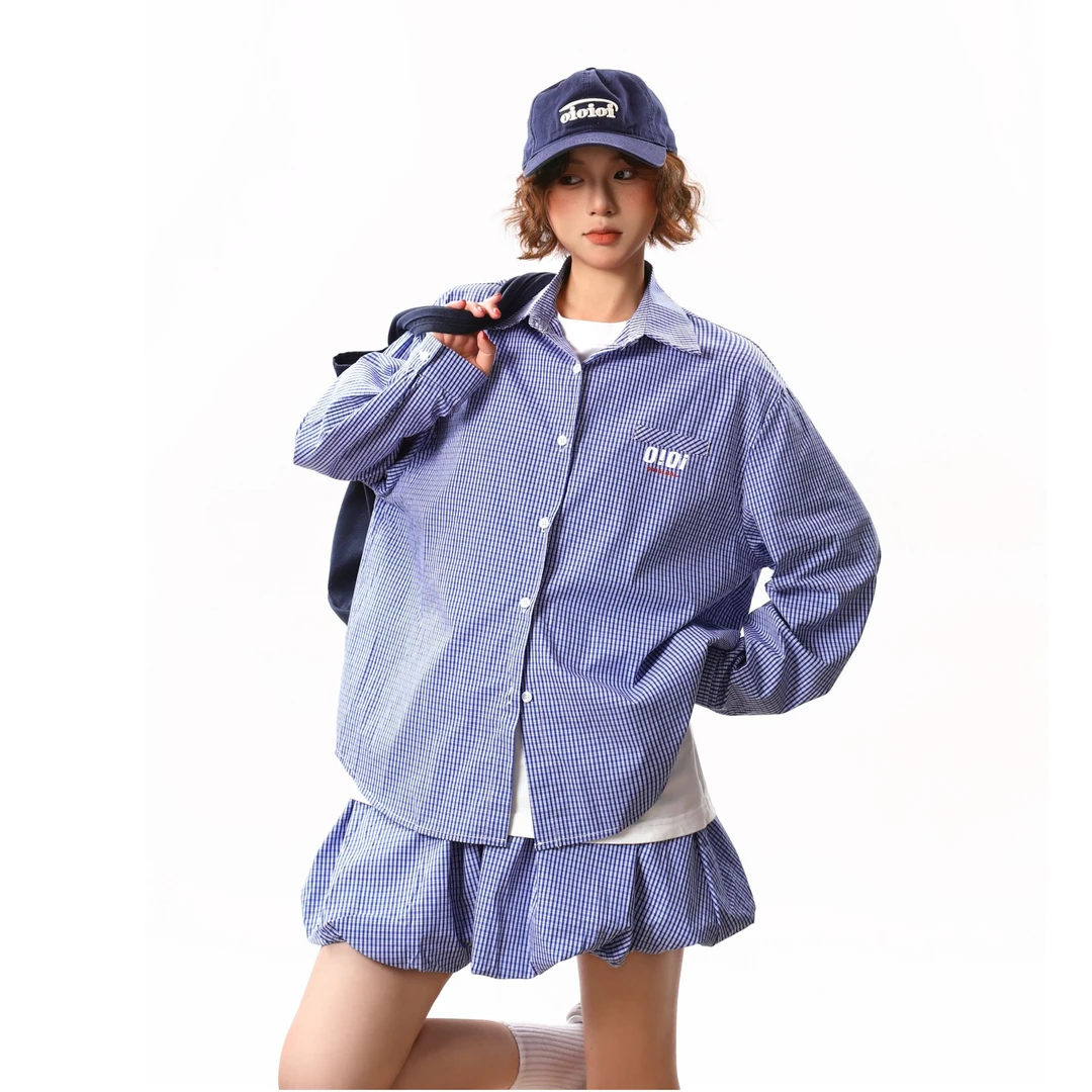 byo!oi OIOI早春新款韩风慵懒甜系格子衬衫短裙套装休闲宽松百搭
