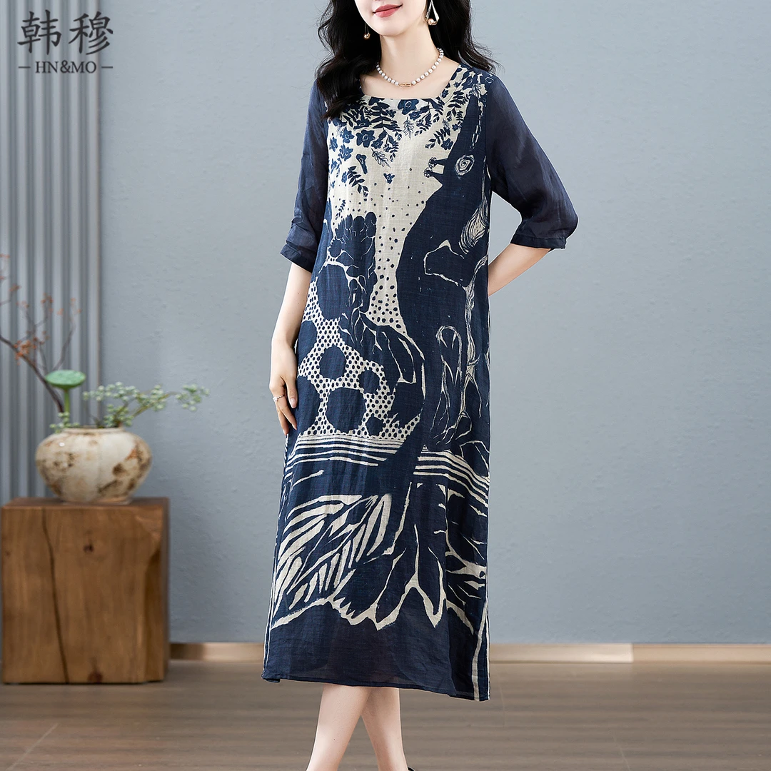 韩穆苎麻连衣裙女2025夏季新款复古文艺中式高级感大码宽松长裙子