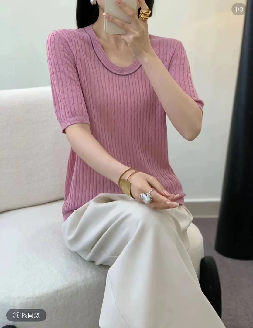 圆领针织T恤女U领短袖2025夏季新款2320