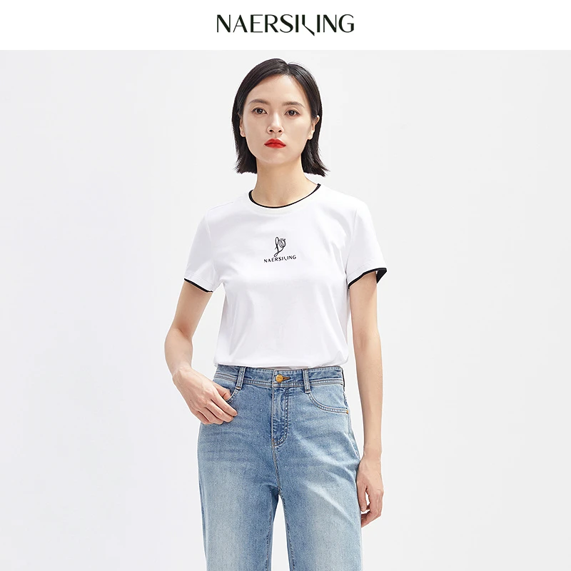 娜尔思灵时尚休闲女士夏季简约印花圆领短袖上衣LM01368V0