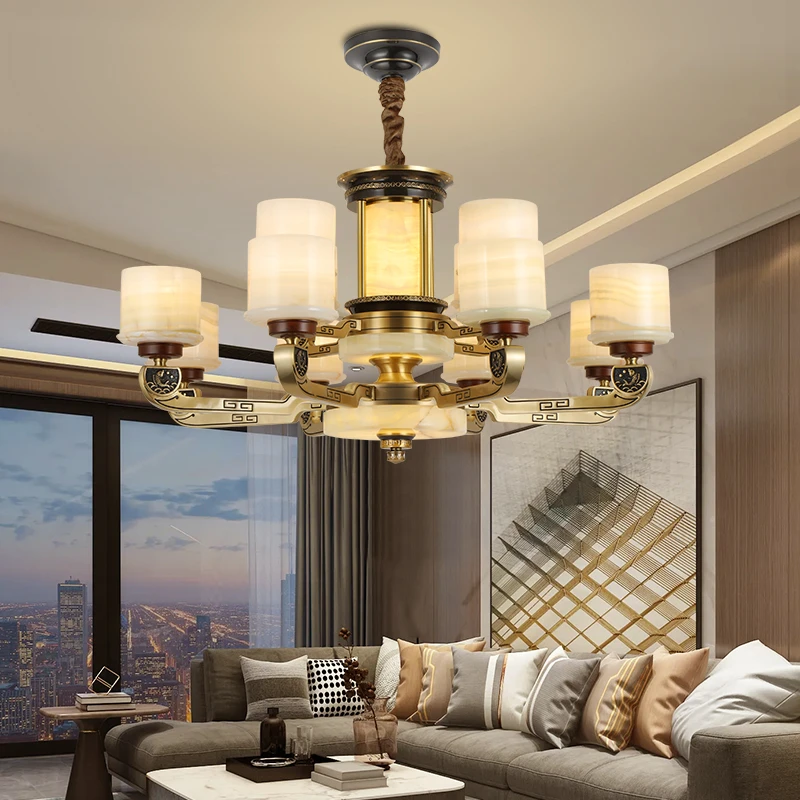 新中式客厅吊灯全铜阿富汗天然玉石别墅复式楼高档吊灯8092
