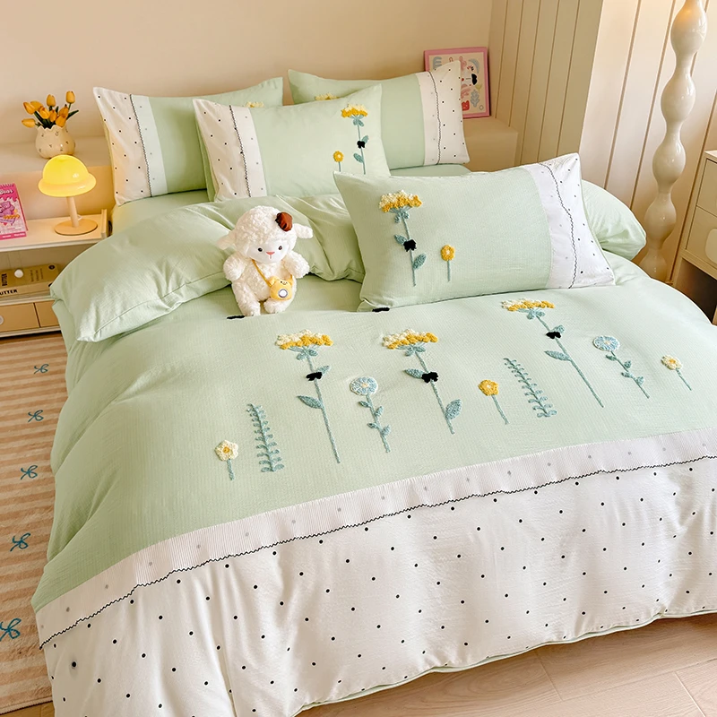 法式双层纱水洗针织棉韩版花边公主风四件套安妮花园绿色