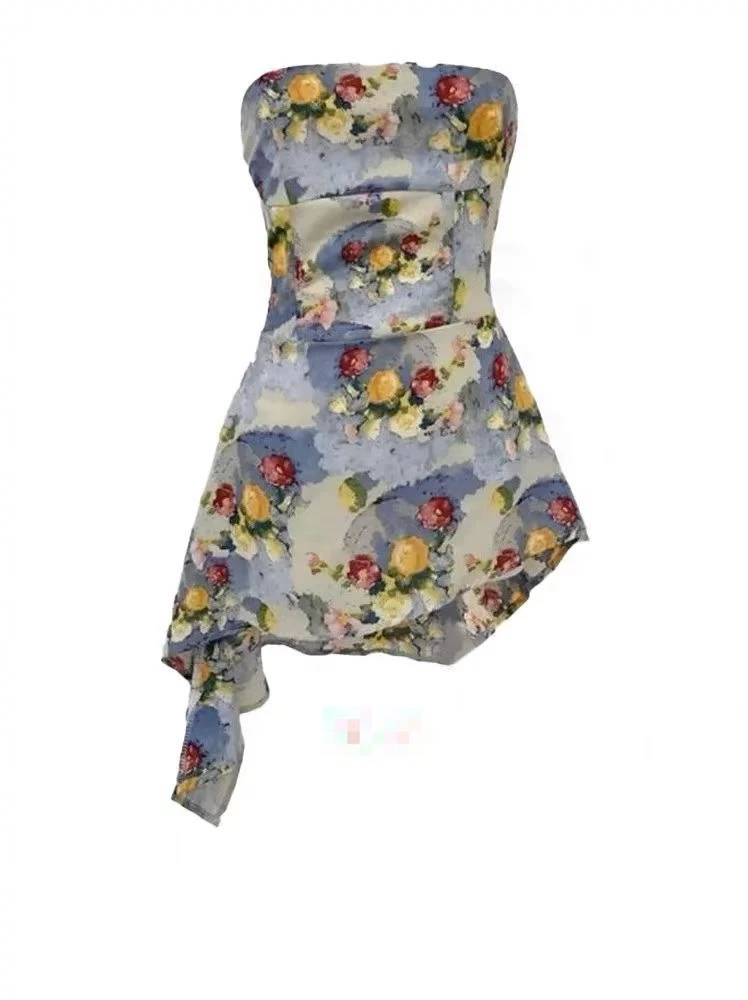 大码胖MM复古油画抹胸女夏季新修身不规则设计感甜辣妹上衣8056