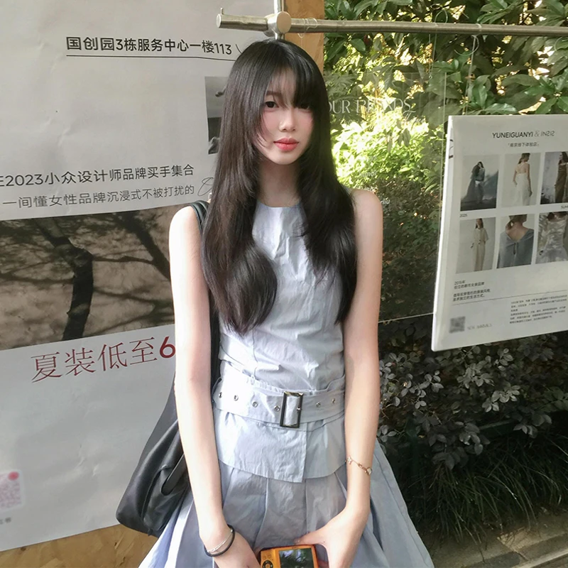 学院风蓝色无袖背心连衣裙夏季2025新款小个子小众洋气休闲装短裙