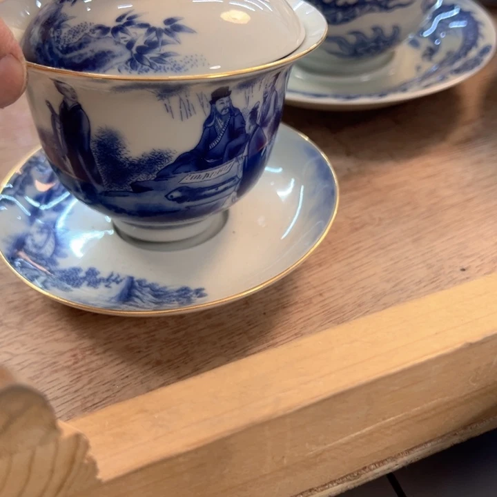 瓷片白青花竹林七贤成香盖碗微瑕