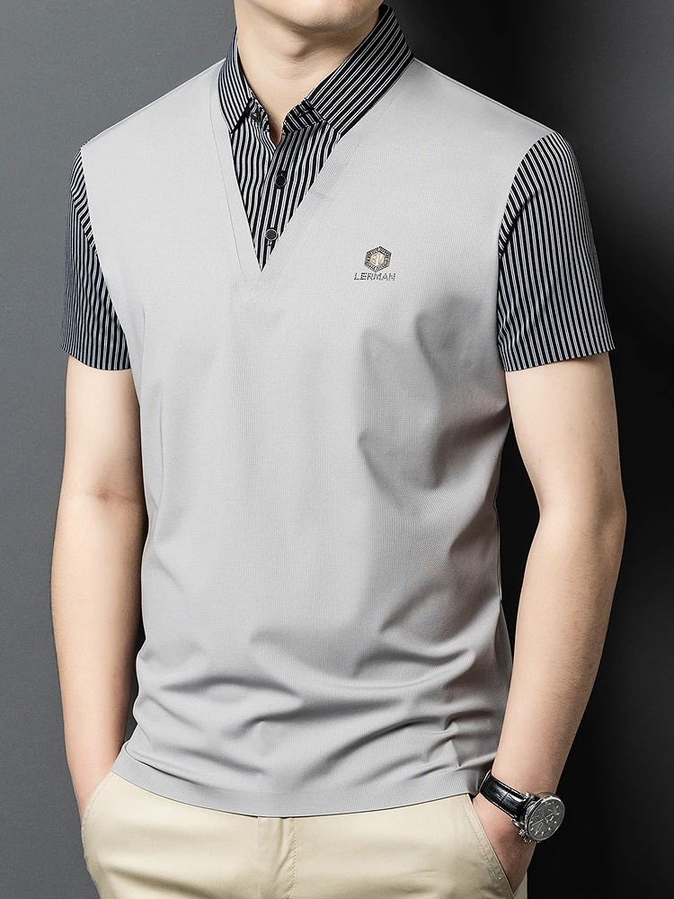 夏季假两件短袖T恤男士时尚休闲烫钻衬衫领条纹体恤上衣潮流男装