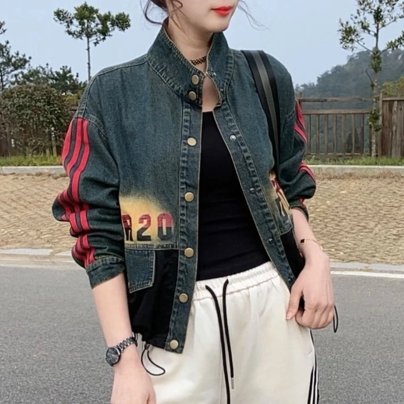 牛仔外套女2025春季新款时尚小个子条纹印花韩版洋气宽松显瘦上衣