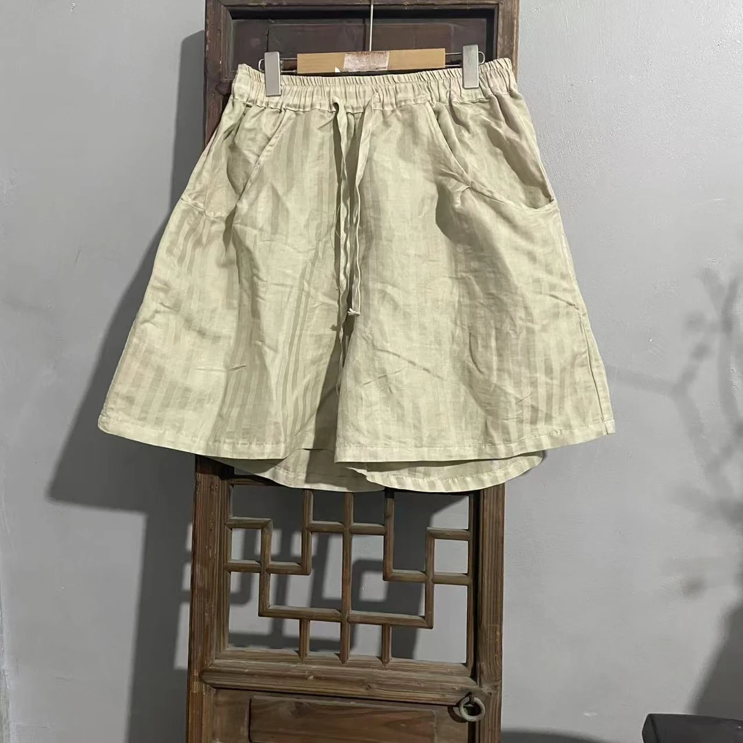 MX723夏季纯色斜纹高端亚麻松紧腰显瘦文艺宽松阔腿短裤