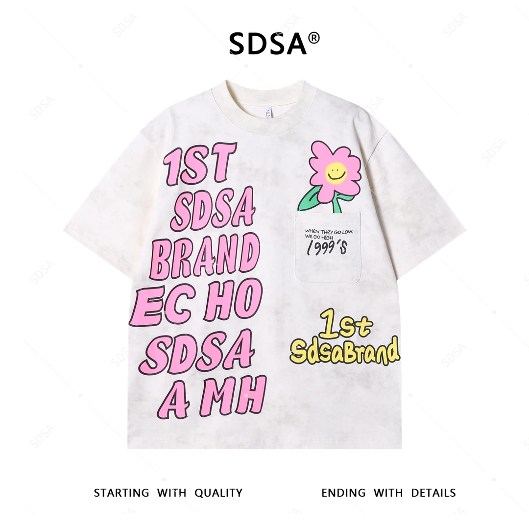 夏季高级感新款男士美式满天星撞色花朵字母印花短袖T恤轻奢百搭