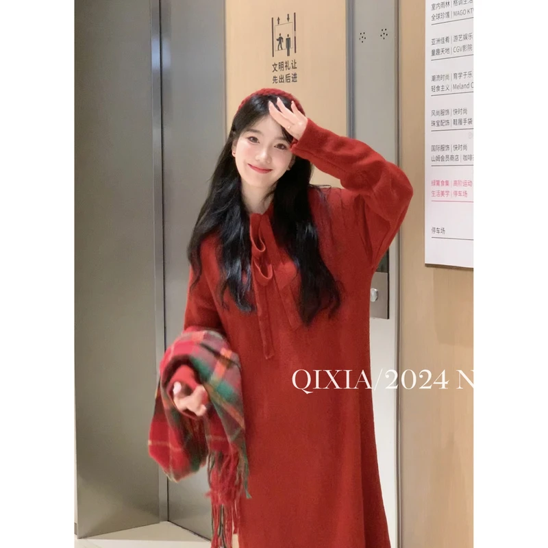 【初次心动】冬季新款韩版百搭中长款毛衣连衣裙内搭红色过年毛衣裙