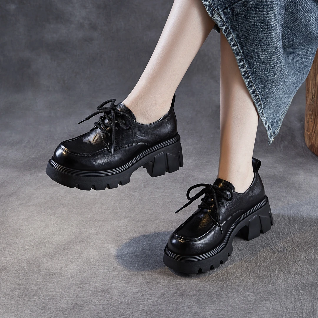 真皮复古鞋女2025秋季新款粗跟厚底增高英伦风系带轻奢单鞋女