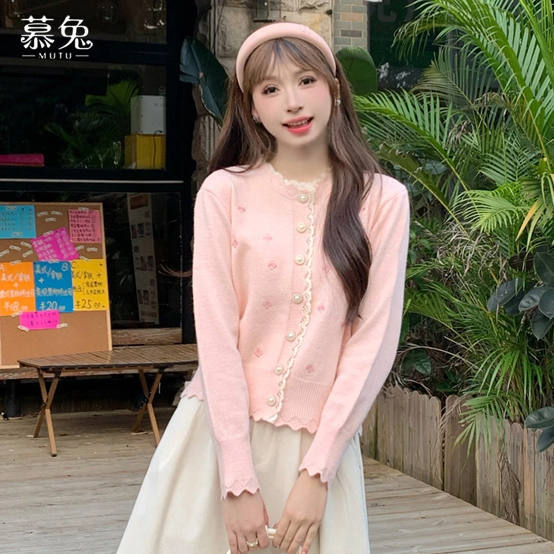 慕兔甜美粉色花边针织毛衣女2025春季新款小个子软糯外搭长袖外套