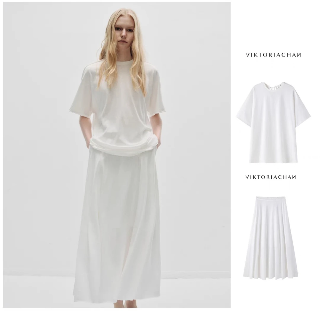 VIKTORIACHAN   25PF早秋新品 系结短袖/松紧腰褶裥半身裙