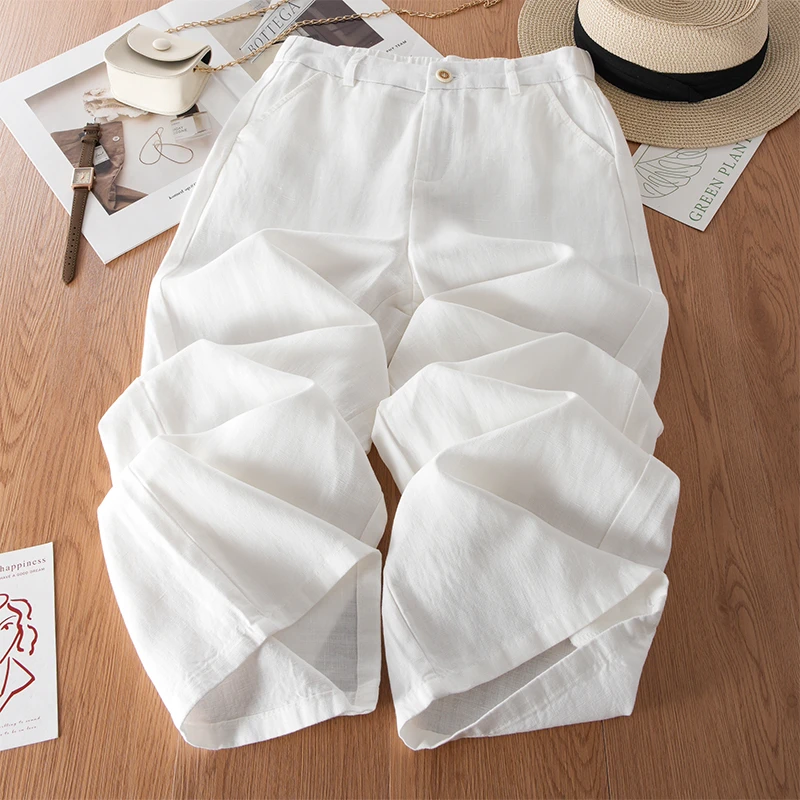 白色天丝亚麻阔腿裤女夏季薄款2025新款高腰显瘦爆款棉麻休闲裤子