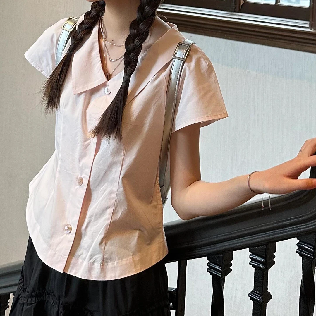 浅粉色短袖衬衫女夏季新款设计感小个子百搭修身显瘦短款上衣
