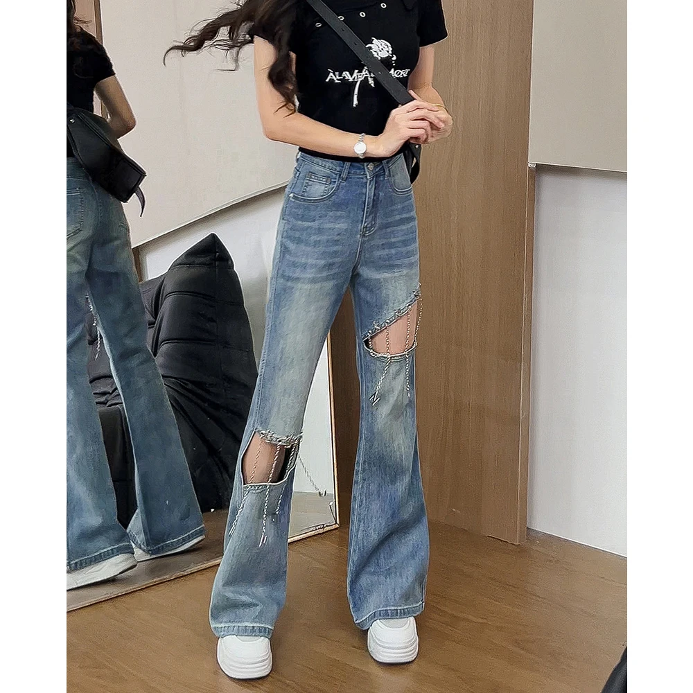 171破洞链条高腰微喇叭牛仔裤女夏季薄款2025年新款修身辣妹拖地