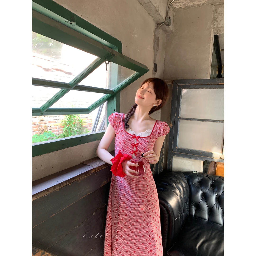 李李【山楂树之恋】新款拼接设计红色波点高腰蝴蝶结连衣裙DRC0121