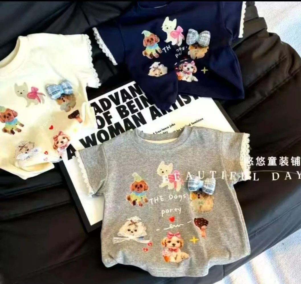 【亲子】夏季新款中大童立体蝴蝶结卡通狗短袖t恤女童夏款百搭时尚