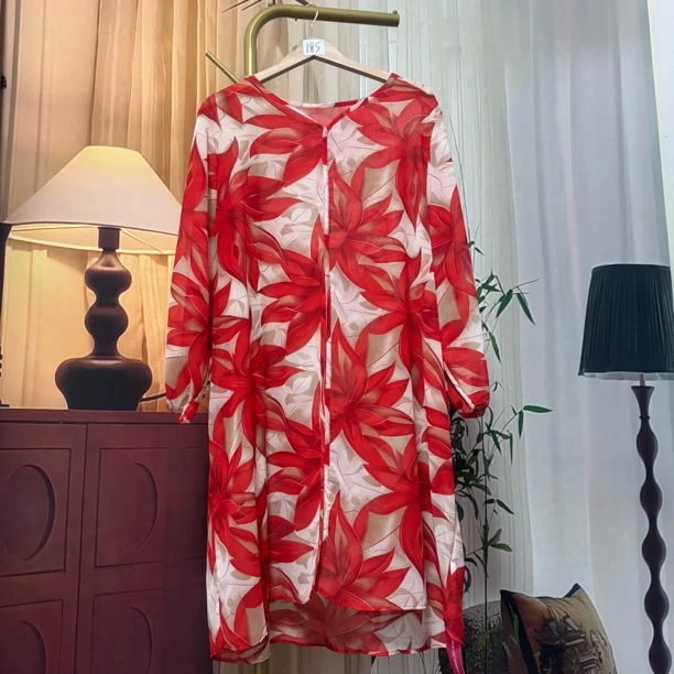 985圆领国风连衣裙优雅百搭红色时尚礼服气质夏季设计师