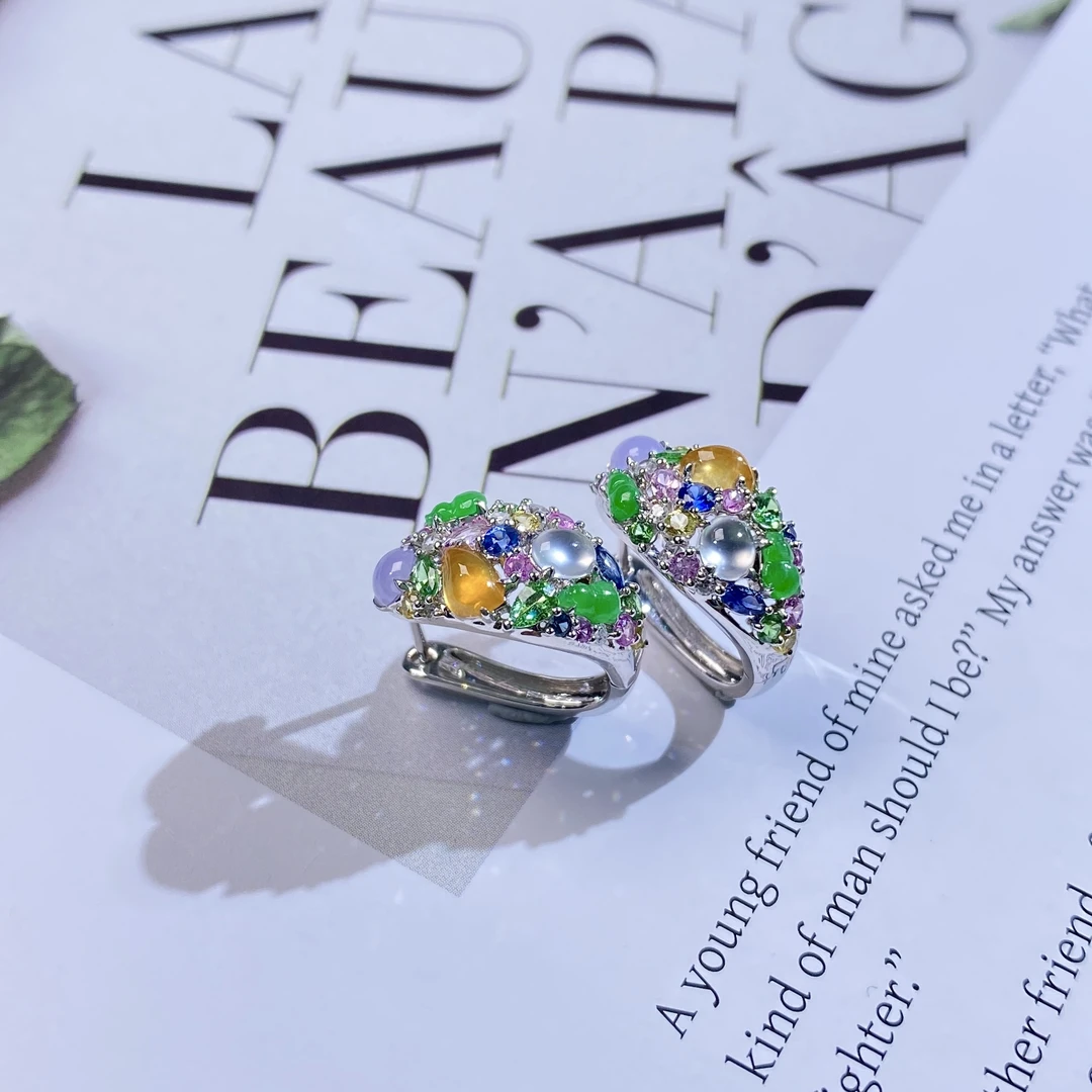 【点石甄选翡翠】彩色欧若风多宝耳饰18K设计款翡翠多样性随机发