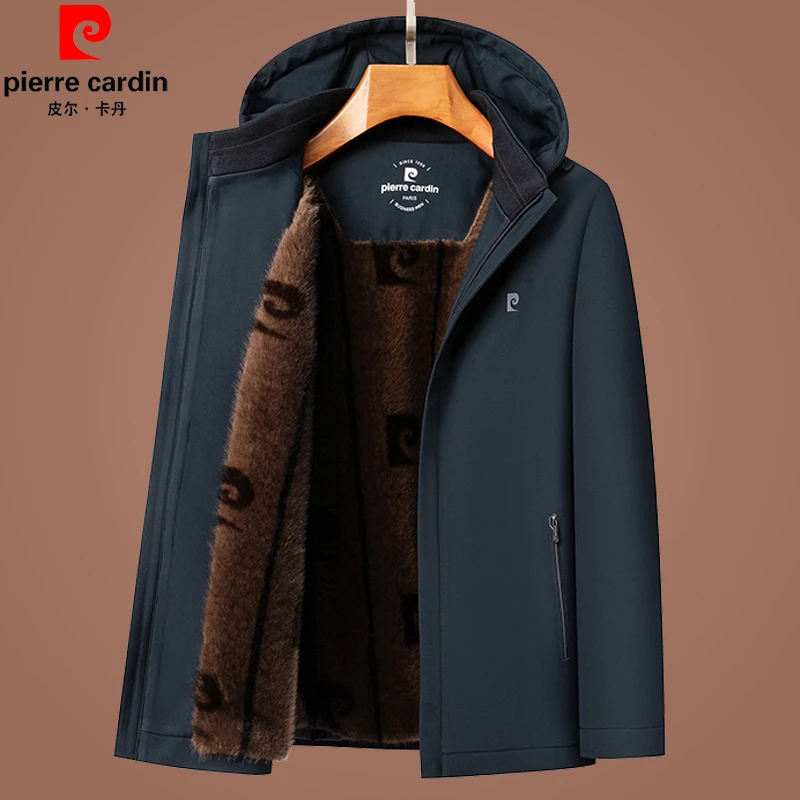 皮尔卡丹加绒加厚夹克男可拆卸帽子中年爸爸装冬季保暖派克服外套