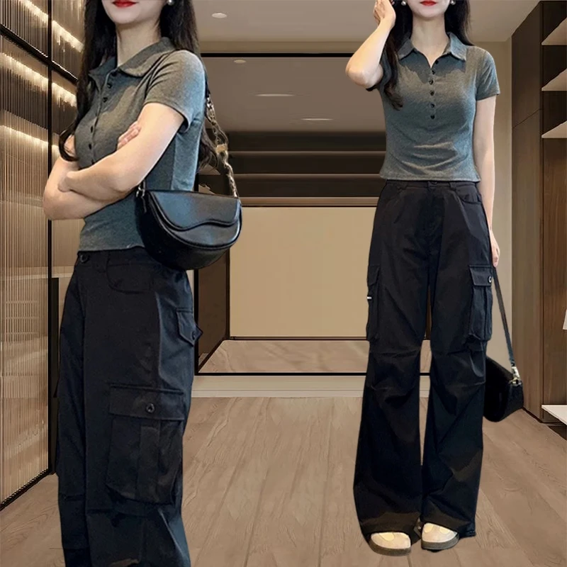 夏天巨好看的套装女2025新款洋气减龄短袖t恤高腰工装裤子两件套