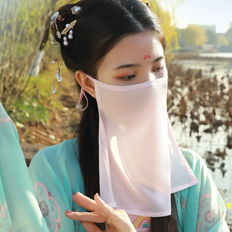 面纱国风防护防晒面罩透气飘逸古风古装仙女挂耳遮脸面巾汉服配饰