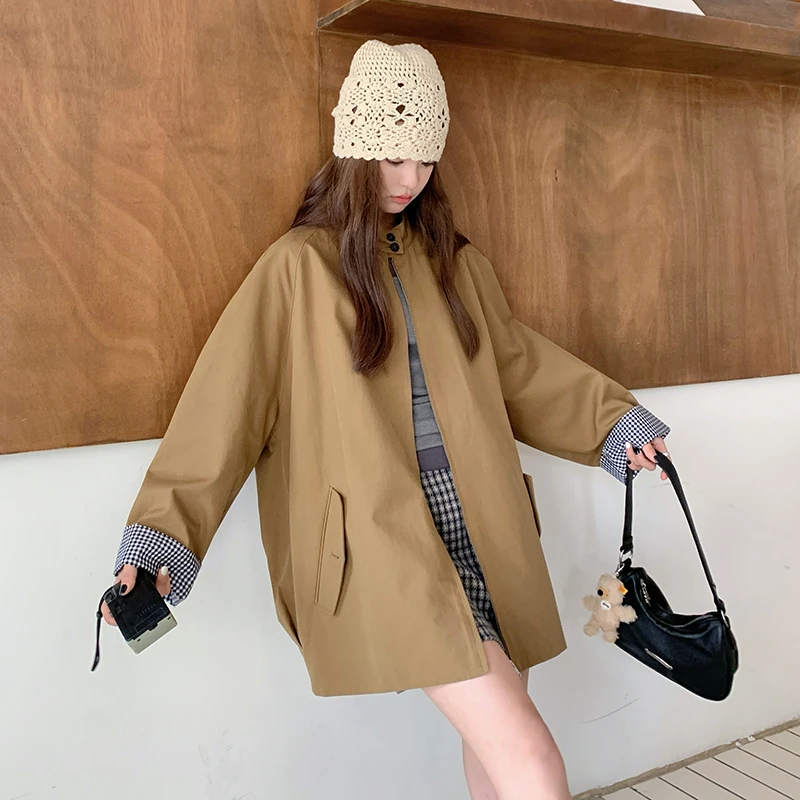 卡其色风衣女春秋韩版宽松bf大码胖mm显瘦立领中长款休闲夹克外套