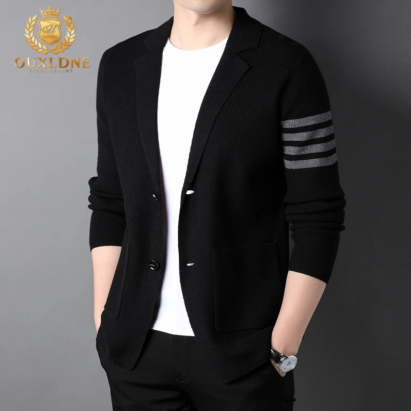 OUXLDNE针织衫西服男加厚毛衣修身条纹开衫外套秋冬痞帅高档男装