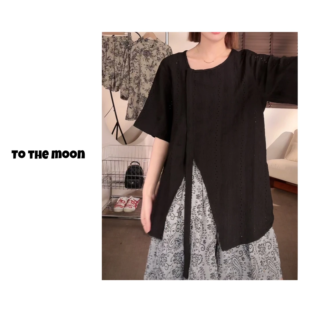 UpSd 原创【骗人的摇滚乐】短袖宽松不规则领百搭法式圆领T恤