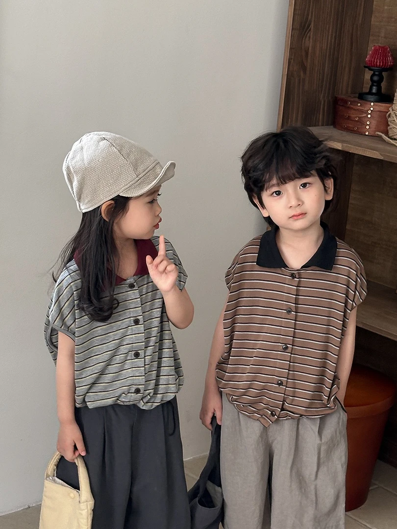 佳叶童品2025儿童夏季新款条纹短袖T恤男女宝宝森系复古POLO衫