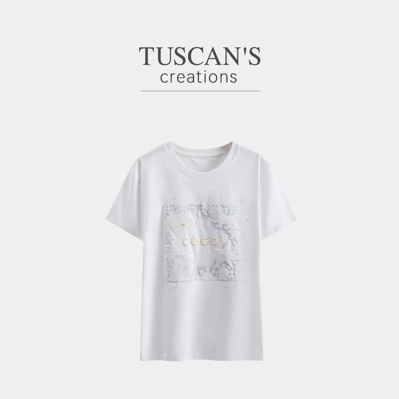 TUSCAN'S CREATIONS夏季新款百搭透气圆领宽松T恤时代集团女装