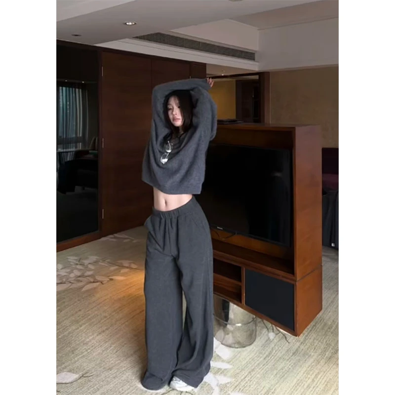 2025秋季时尚小众设计感简约风修身显瘦百搭上衣休闲阔腿长裤套装