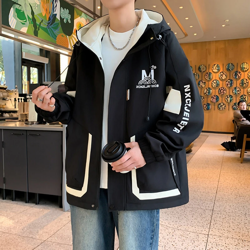 春季新款连帽男士夹克学生休闲潮流时尚帅气百搭条杠外套上衣服