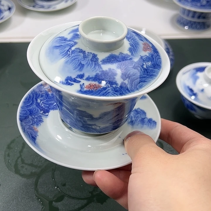 微瑕柴窑工笔山水马蹄三才