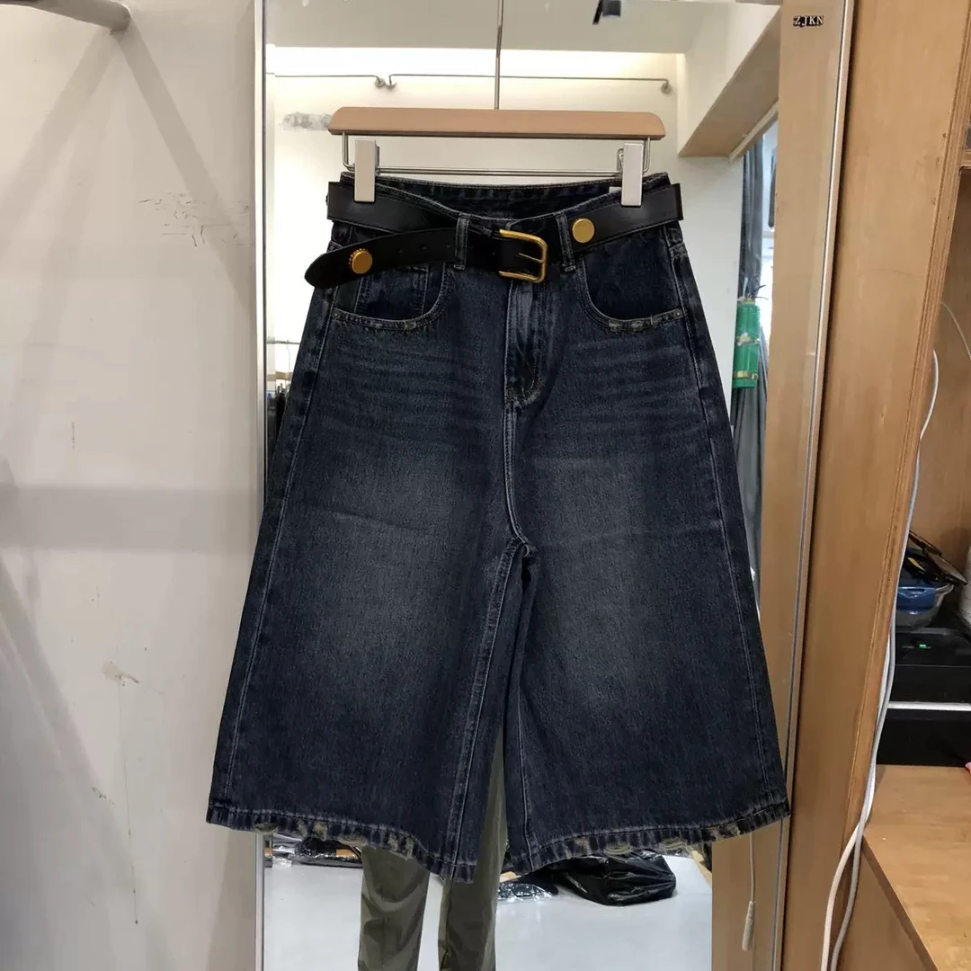 夏季新款韩版双色复古刺绣高腰显瘦七分阔腿牛仔裤