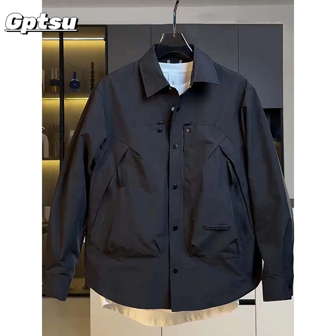 GPTSu春秋新款工装夹克男潮牌时尚休闲纯色百搭痞帅翻领衬衫外套